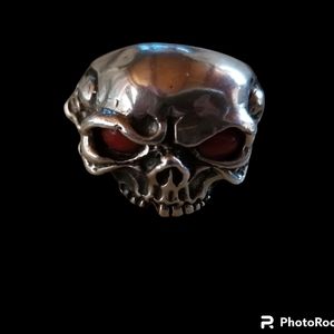 Mens Navajo Made Sterling Silver and Coral Skull Ring - SZ 10 - NWT
